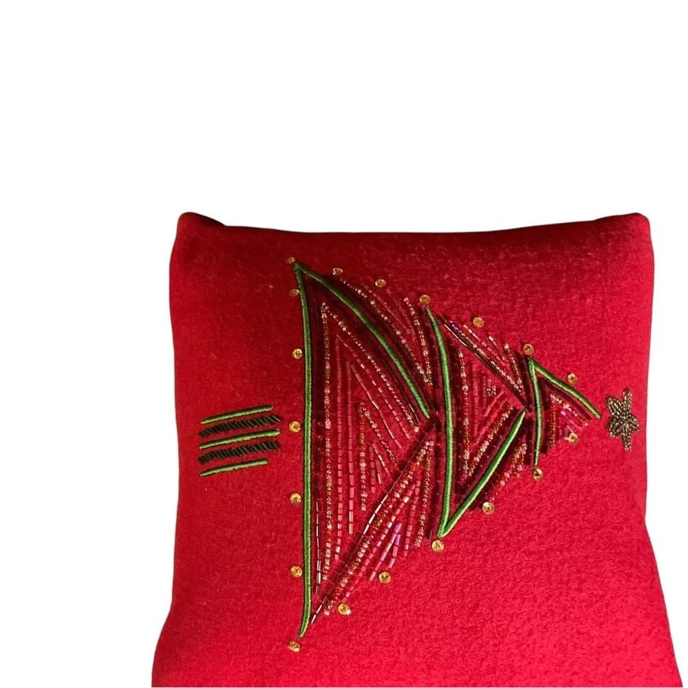 Crate & Barrel Twinkle Red Holiday Pillow With a Beaded Tree Design